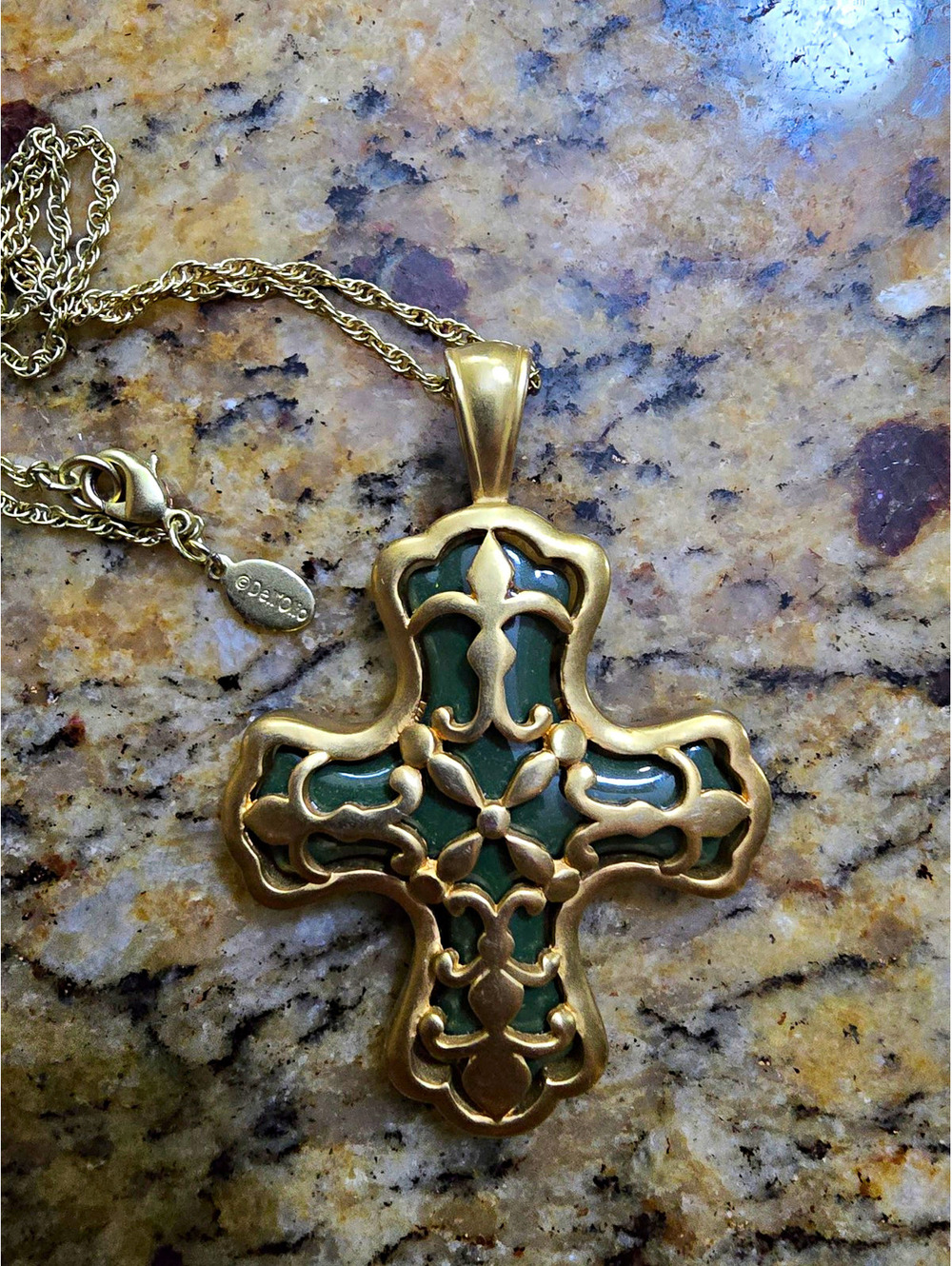 Vintage Signed Dell'Olio Green Enamel Cross Pendant Necklace Gold Tone Statement